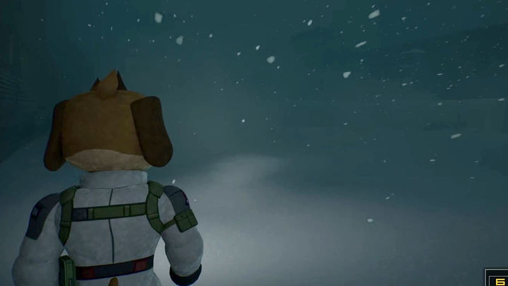 Official Fright Train launch-trailer frame: the agent crossing a snowstorm between carriages